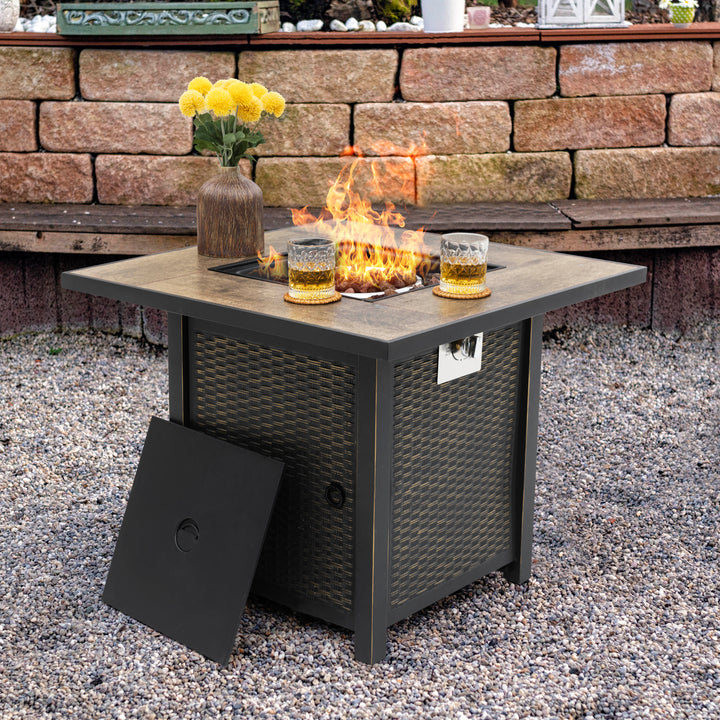 30’’ Patio Fire Pit Table Propane Gas Fire Pit for Outside Patio, Outdoor Fire Pit Table 50,000 BTU Gas Fire Pit with Lid and Lava Rocks, Ceramic Tile Tabletop, Black with Gold-Painted Edge