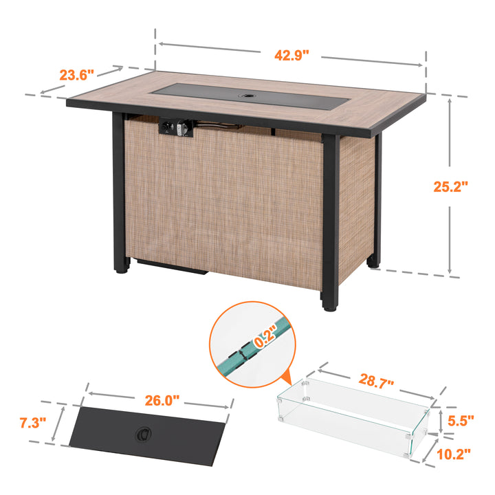 43 Inch Fire Pit with Wind Guard, 50,000 BTU Outdoor Propane Fire Pit Table, Outdoor Metal Propane Fire Pit with Lid and Glass Beads for Outdoor, Patio, Garden, Yard, Camping, Pool, Light Brown