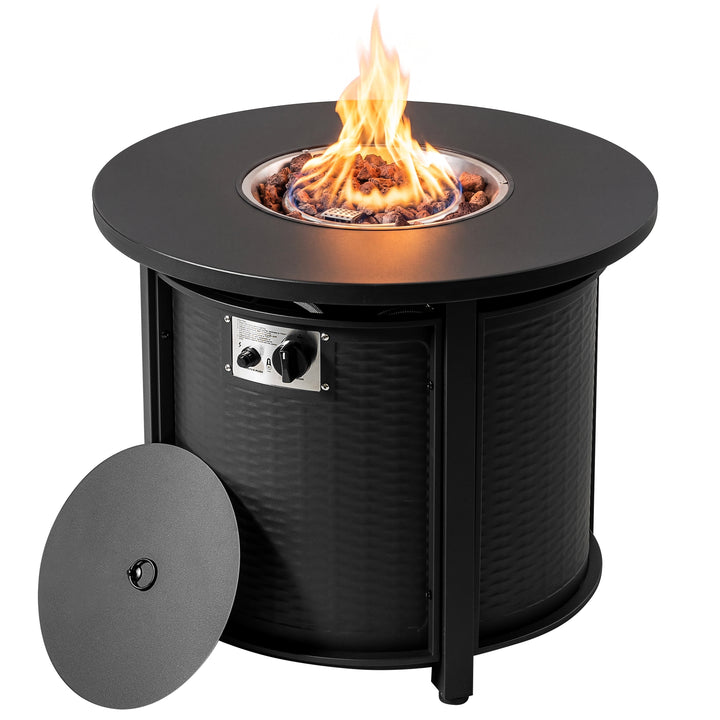 Patio Metal 30'' Round Propane Fire Pit Table with Lid and Lava Rocks