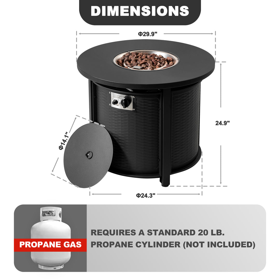 Patio Metal 30'' Round Propane Fire Pit Table with Lid and Lava Rocks