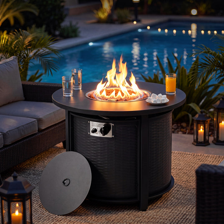 Patio Metal 30'' Round Propane Fire Pit Table with Lid and Lava Rocks