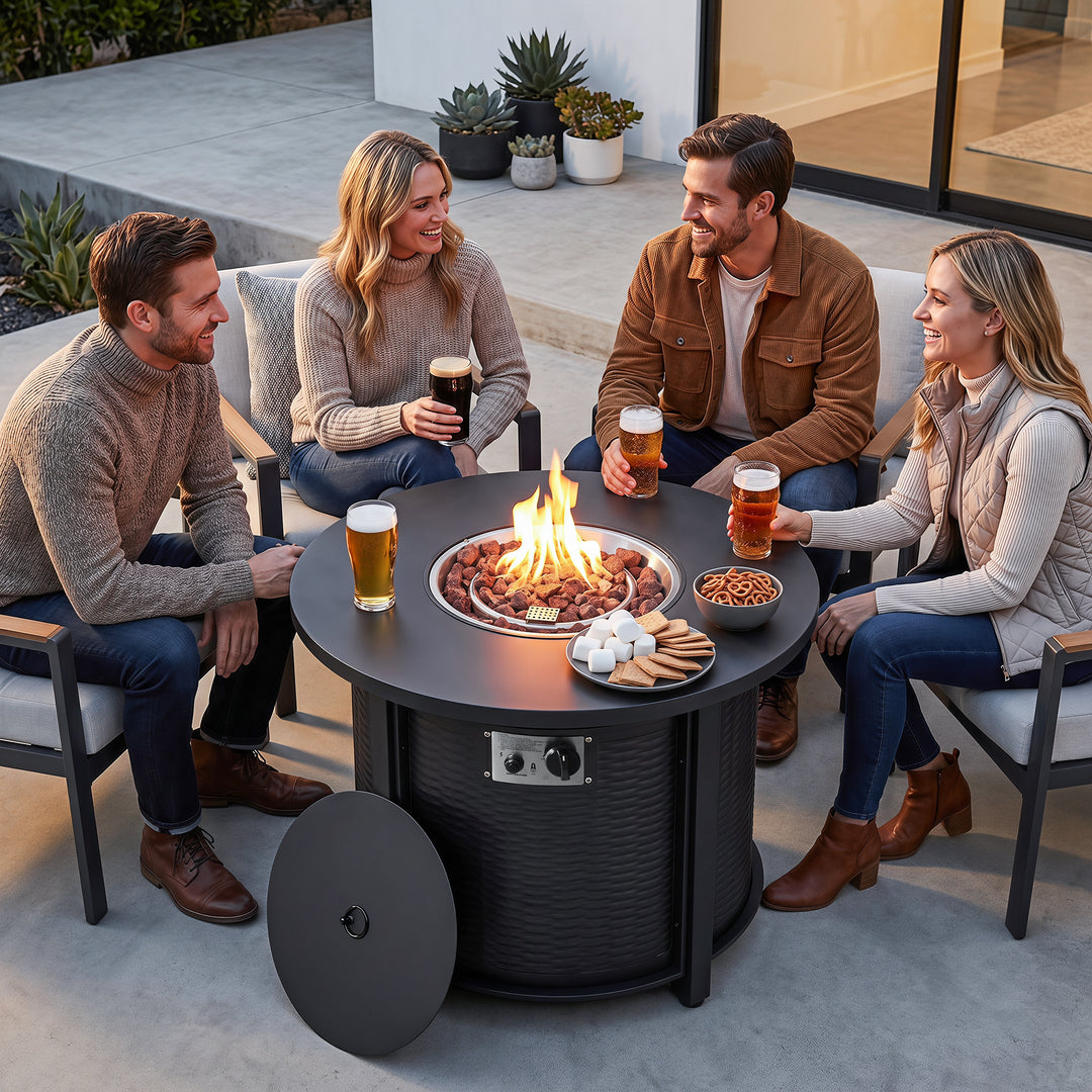Patio Metal 30'' Round Propane Fire Pit Table with Lid and Lava Rocks