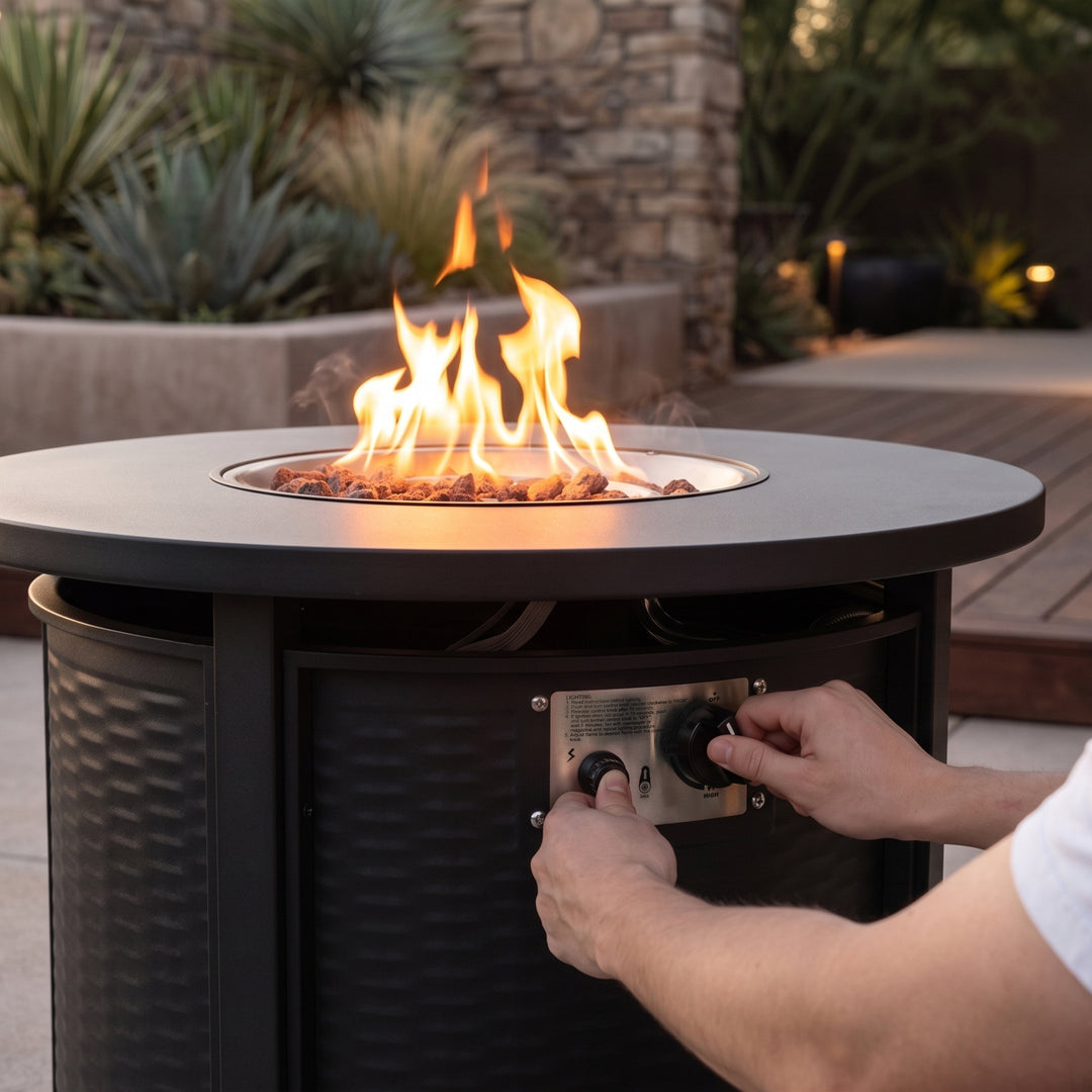 Patio Metal 30'' Round Propane Fire Pit Table with Lid and Lava Rocks