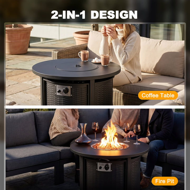 Patio Metal 30'' Round Propane Fire Pit Table with Lid and Lava Rocks