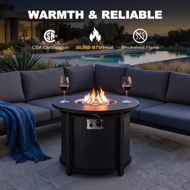 Patio Metal 30'' Round Propane Fire Pit Table with Lid and Lava Rocks
