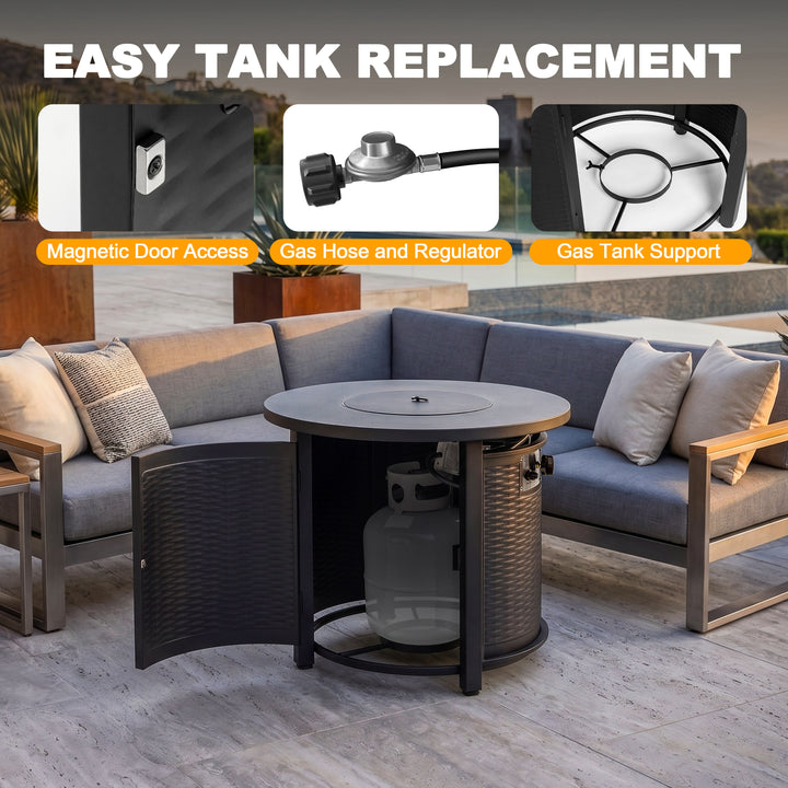 Patio Metal 30'' Round Propane Fire Pit Table with Lid and Lava Rocks