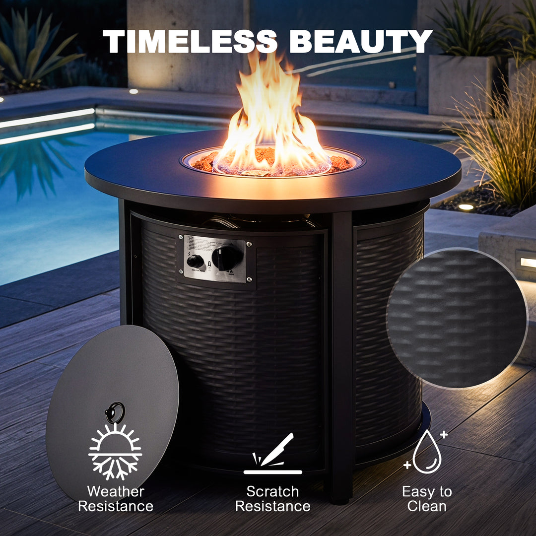 Patio Metal 30'' Round Propane Fire Pit Table with Lid and Lava Rocks