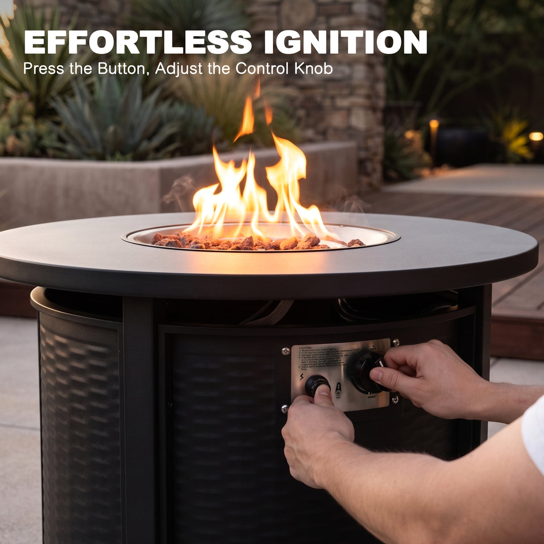 Patio Metal 30'' Round Propane Fire Pit Table with Lid and Lava Rocks