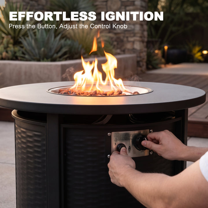 Patio Metal 30'' Round Propane Fire Pit Table with Lid and Lava Rocks