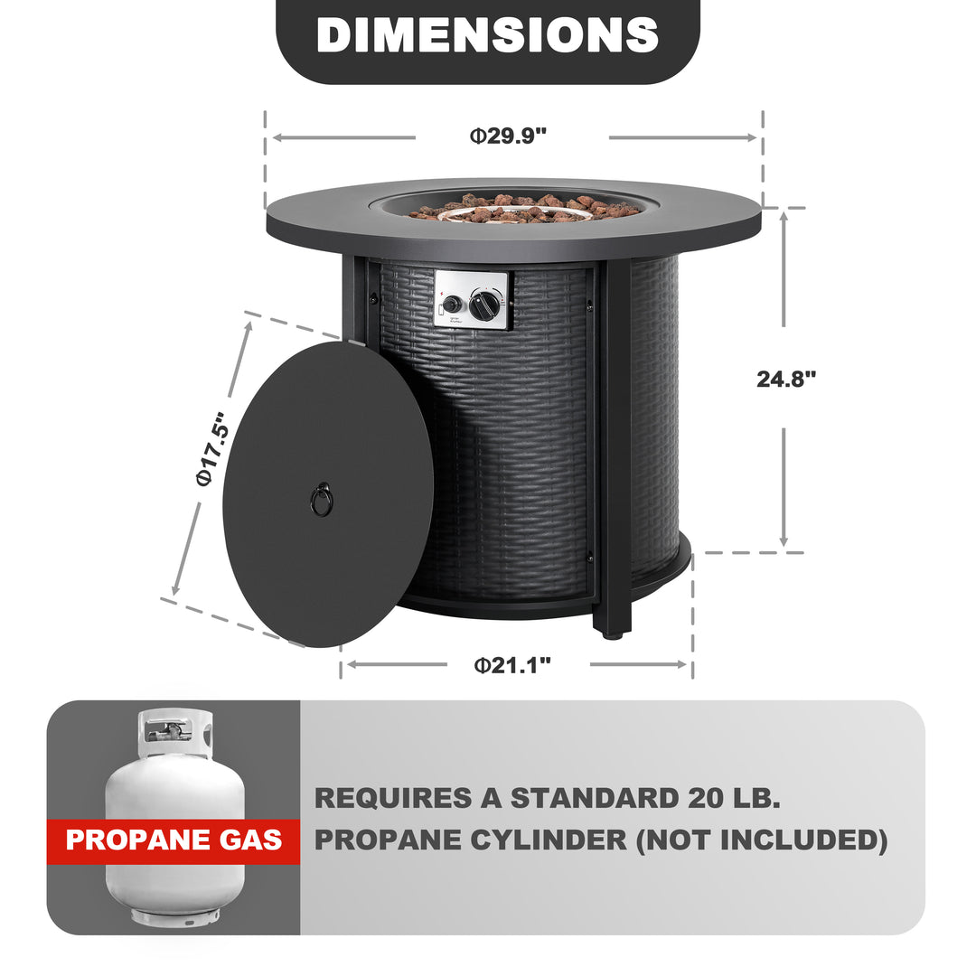 Patio Metal 30'' Round Propane Fire Pit Table with Lid and Lava Rocks