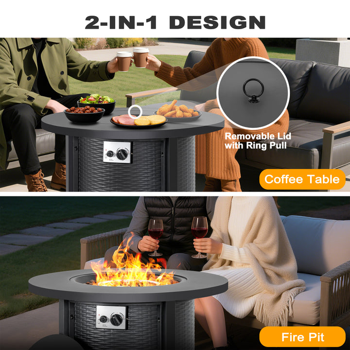 Patio Metal 30'' Round Propane Fire Pit Table with Lid and Lava Rocks