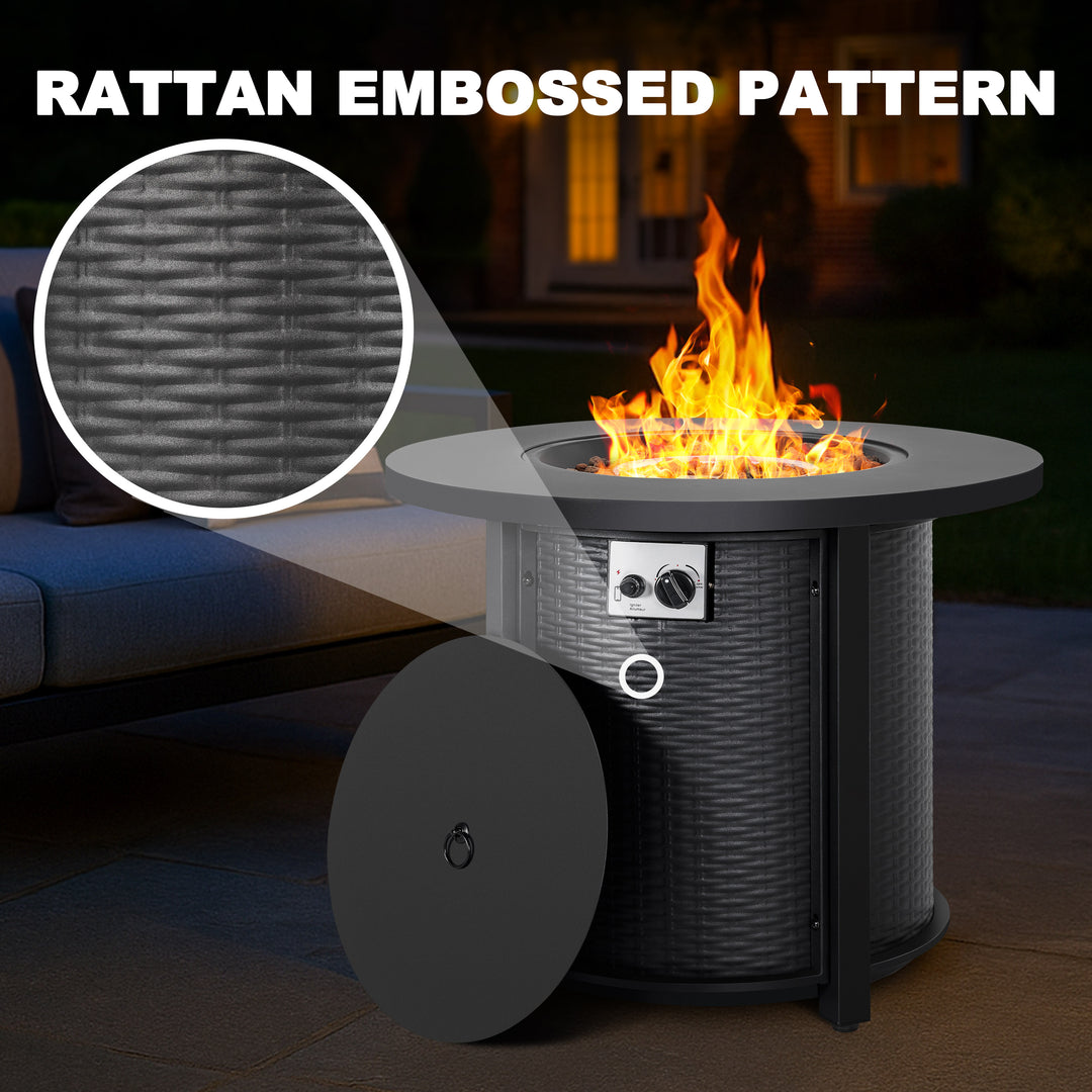 Patio Metal 30'' Round Propane Fire Pit Table with Lid and Lava Rocks