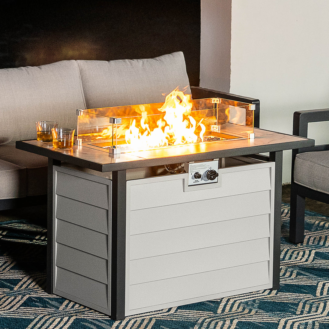 43'' Outdoor Propane Gas Fire Pit Table with Marble Texture Glass Tabletop