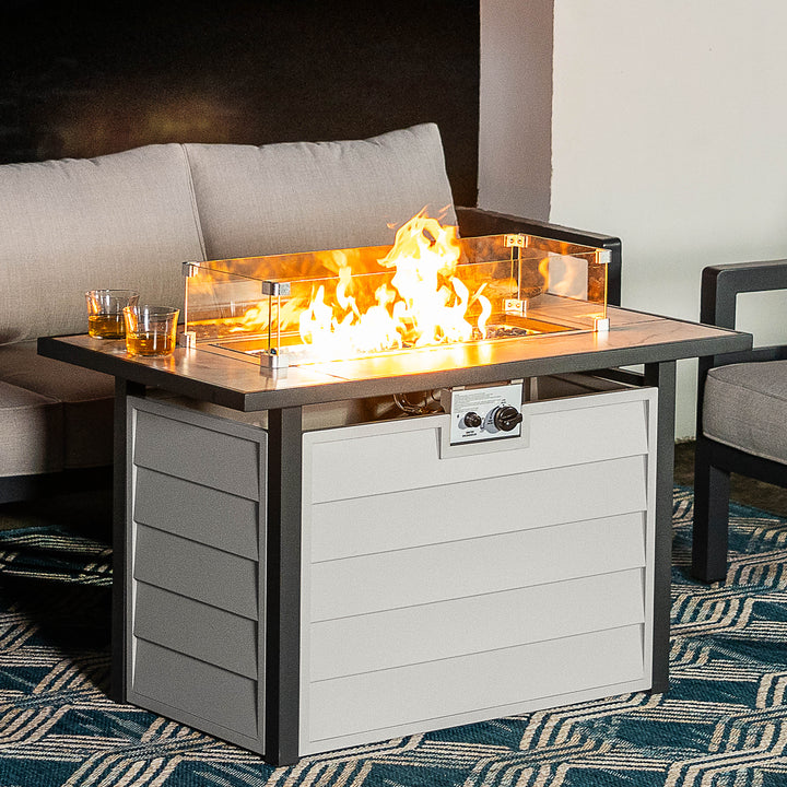 43'' Outdoor Propane Gas Fire Pit Table with Marble Texture Glass Tabletop