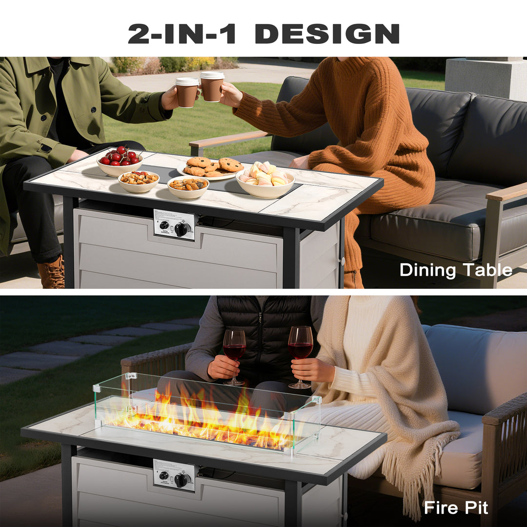 43'' Outdoor Propane Gas Fire Pit Table with Marble Texture Glass Tabletop