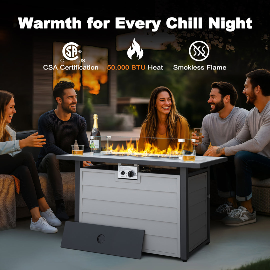 43'' Outdoor Propane Gas Fire Pit Table with Marble Texture Glass Tabletop