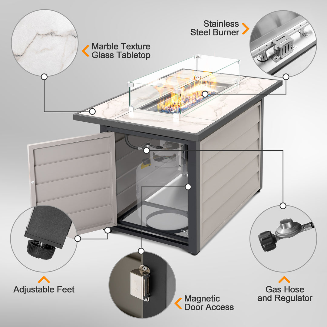 43'' Outdoor Propane Gas Fire Pit Table with Marble Texture Glass Tabletop