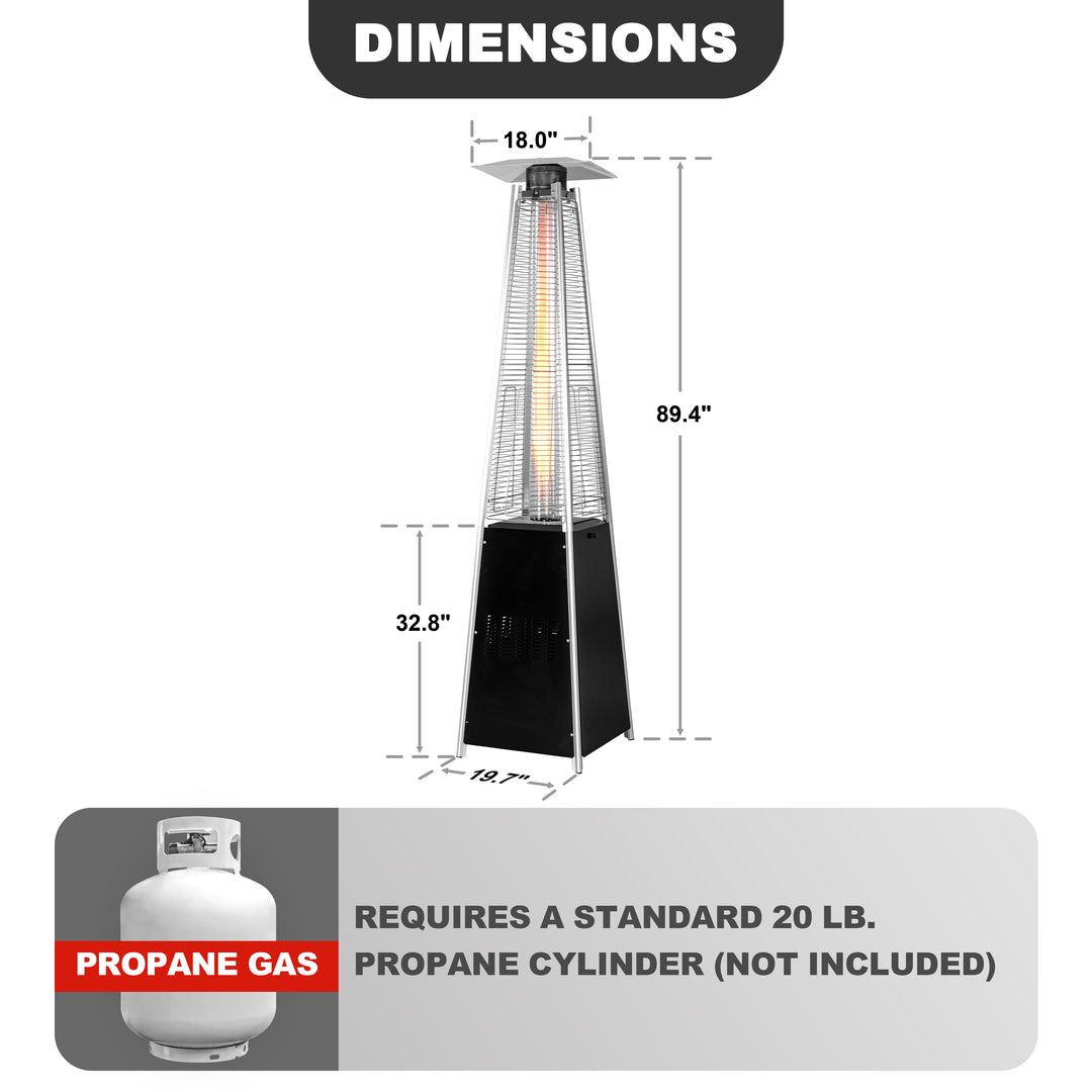 48,000 BTU Pyramid Propane Gas Patio Heater with Wheels, Removable Iron Heater with Quartz Glass Tube for Patio, Backyard, Garden, Porch, Black