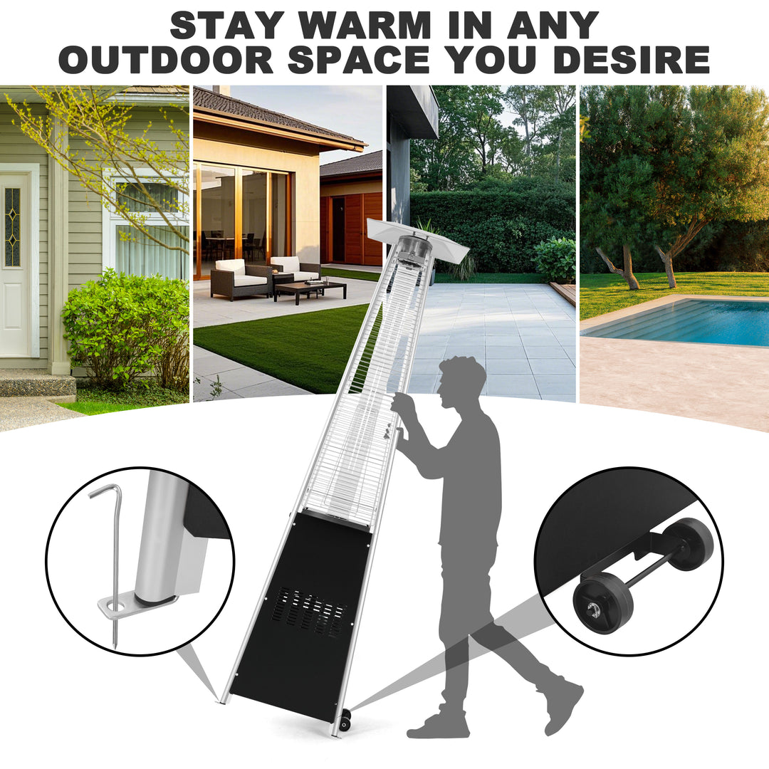 48,000 BTU Pyramid Propane Gas Patio Heater with Wheels, Removable Iron Heater with Quartz Glass Tube for Patio, Backyard, Garden, Porch, Black