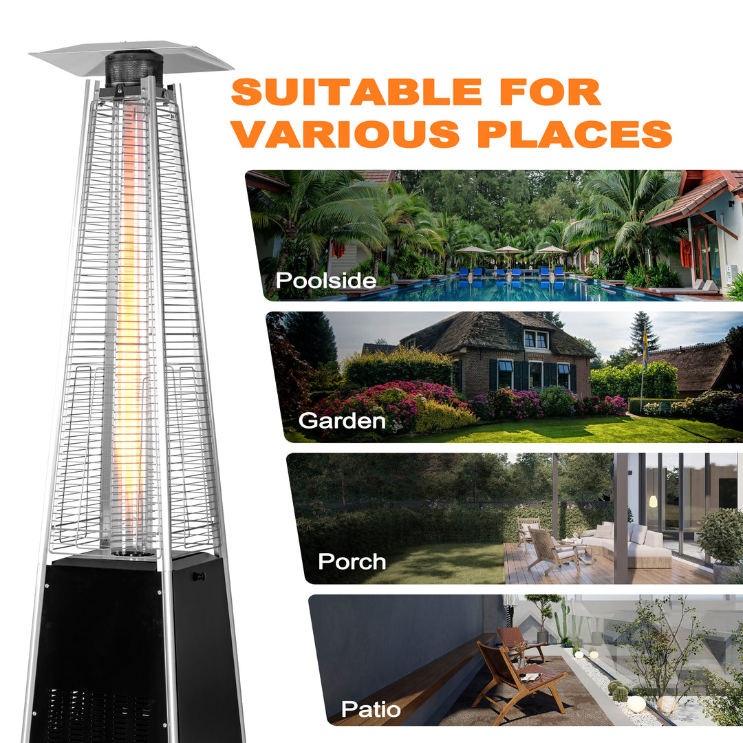 Outdoor 48,000 BTU Pyramid Propane Gas Patio Heater with Wheels, Removable Iron Heater with Quartz Glass Tube for Patio, Backyard, Garden, Porch, Black