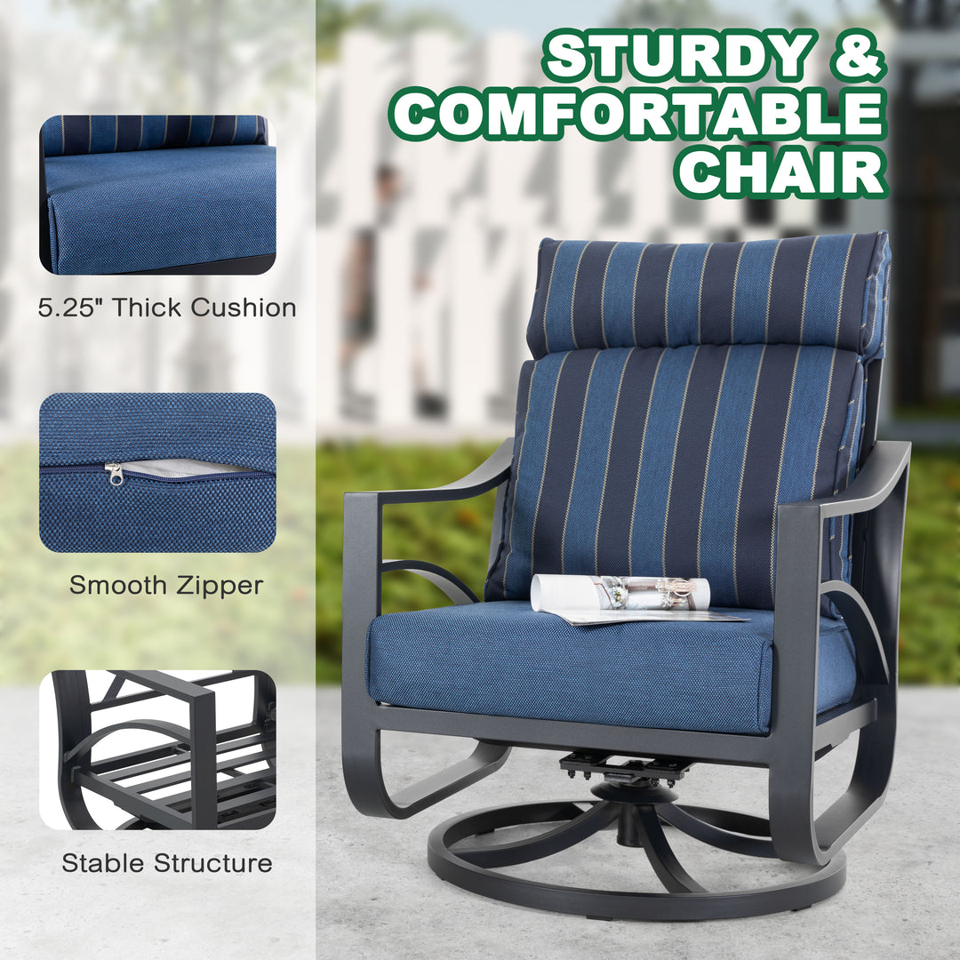 2-Piece Swivel Rocking Sofa Chairs with 5.2” Thick Cushions, Blue Stripe