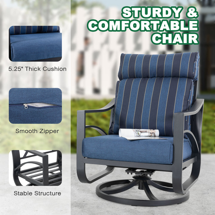 2-Piece Swivel Rocking Sofa Chairs with 5.2” Thick Cushions, Blue Stripe