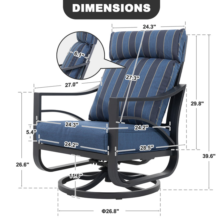 2-Piece Swivel Rocking Sofa Chairs with 5.4" Thick Cushions, Blue Stripe