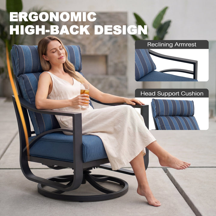 2-Piece Swivel Rocking Sofa Chairs with 5.4" Thick Cushions, Blue Stripe