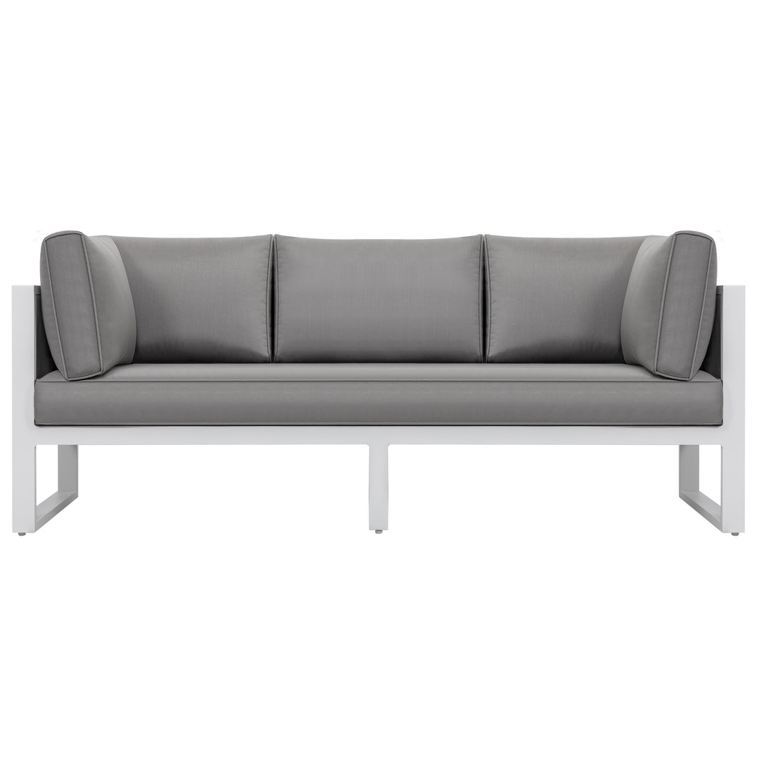 Outdoor Three-seat Sofa with Cushion and Pillows, Aluminum, Imitation Wood