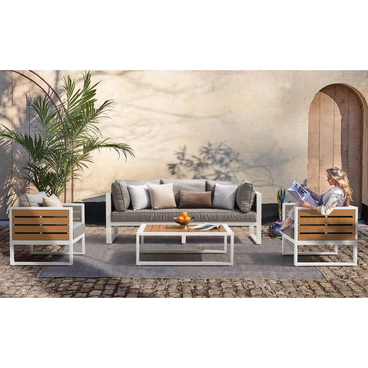 Outdoor Three-seat Sofa with Cushion and Pillows, Aluminum, Imitation Wood