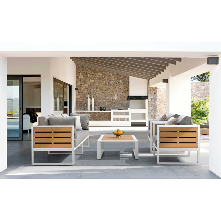 Outdoor Three-seat Sofa with Cushion and Pillows, Aluminum, Imitation Wood
