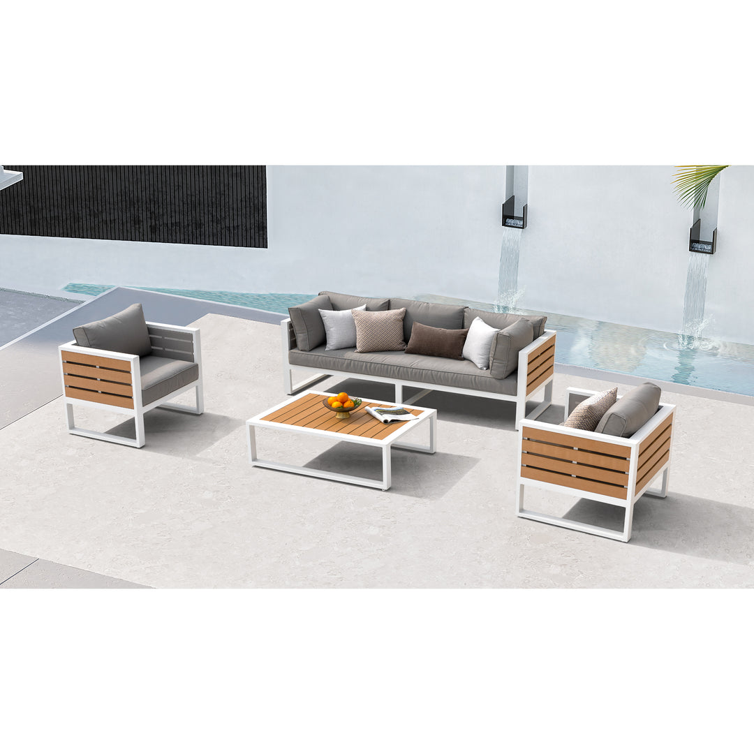 Outdoor Three-seat Sofa with Cushion and Pillows, Aluminum, Imitation Wood