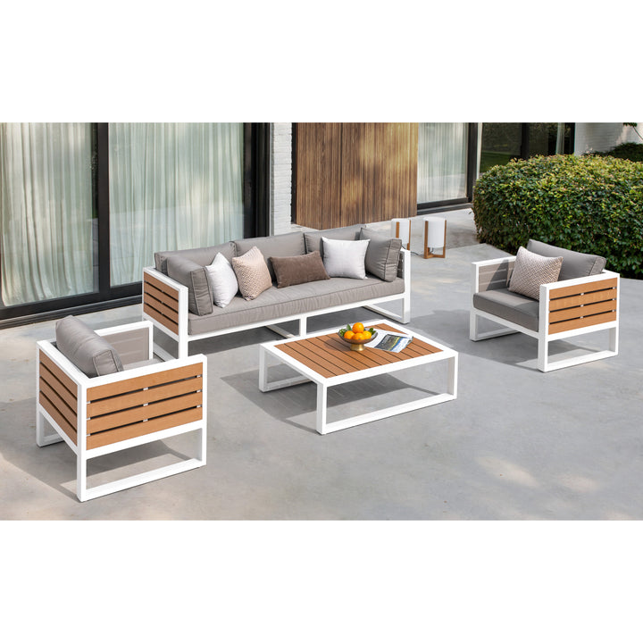 Outdoor Three-seat Sofa with Cushion and Pillows, Aluminum, Imitation Wood