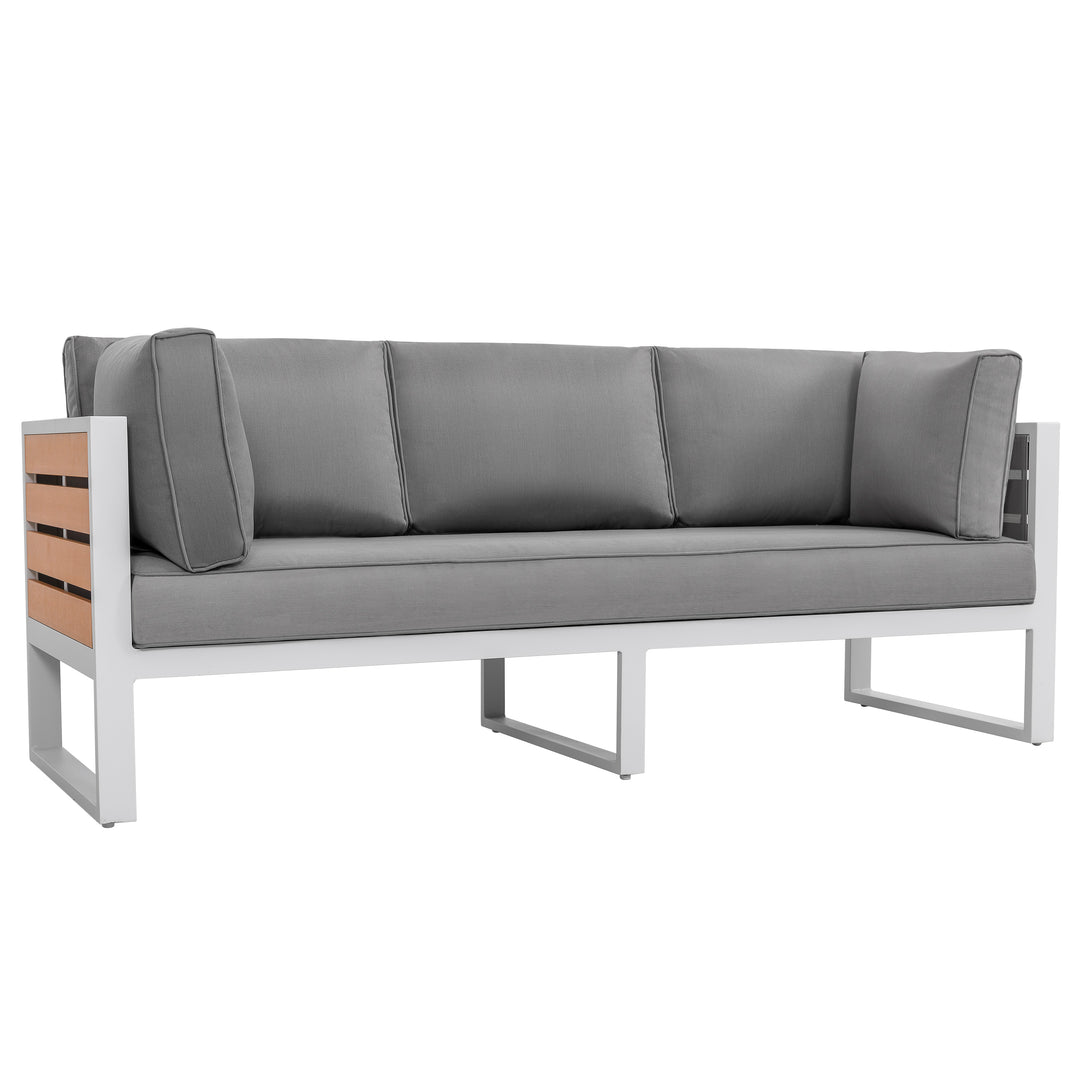 Outdoor Three-seat Sofa with Cushion and Pillows, Aluminum, Imitation Wood
