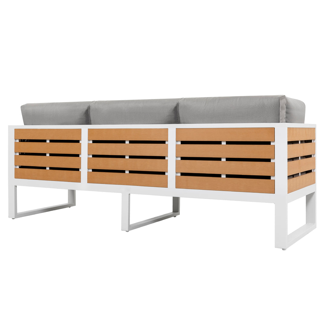 Outdoor Three-seat Sofa with Cushion and Pillows, Aluminum, Imitation Wood
