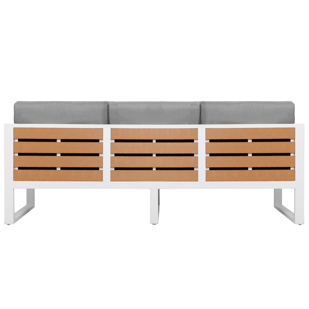 Outdoor Three-seat Sofa with Cushion and Pillows, Aluminum, Imitation Wood