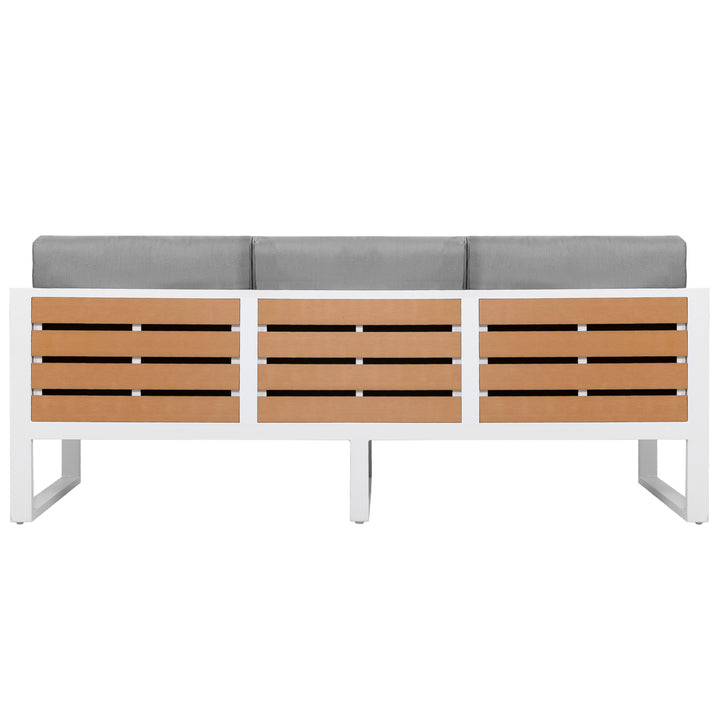 Outdoor Three-seat Sofa with Cushion and Pillows, Aluminum, Imitation Wood
