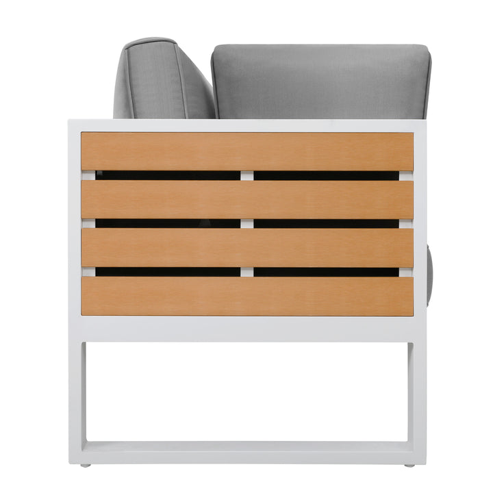 Outdoor Three-seat Sofa with Cushion and Pillows, Aluminum, Imitation Wood