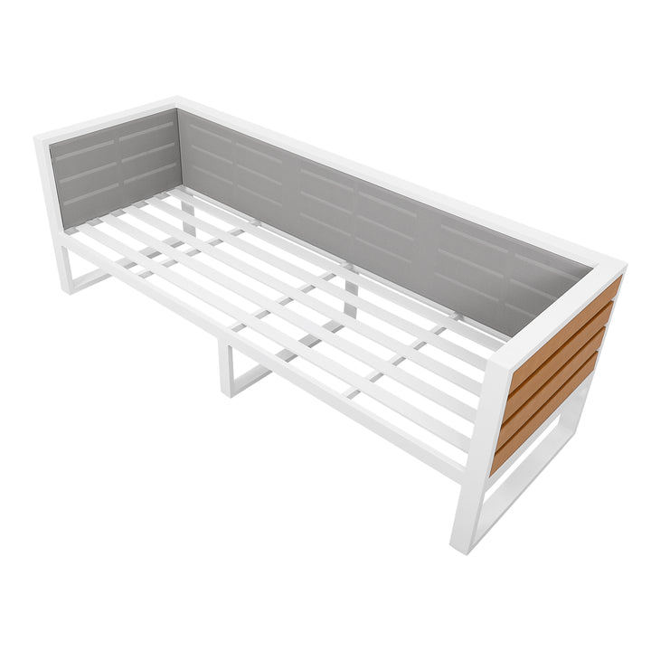 Outdoor Three-seat Sofa with Cushion and Pillows, Aluminum, Imitation Wood