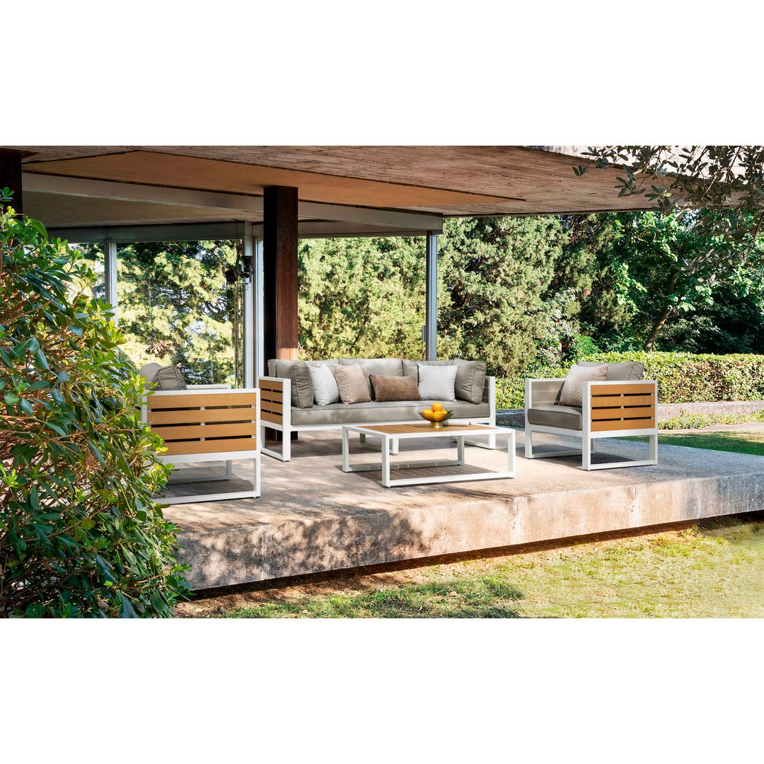 Outdoor Three-seat Sofa with Cushion and Pillows, Aluminum, Imitation Wood