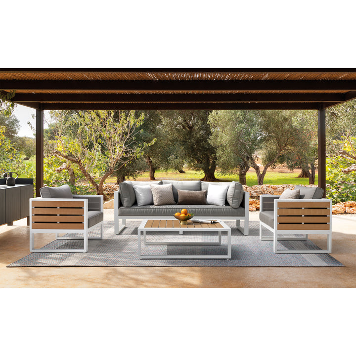 Outdoor Three-seat Sofa with Cushion and Pillows, Aluminum, Imitation Wood
