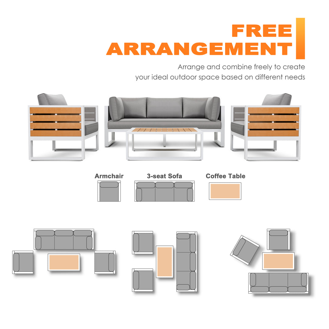 Outdoor Three-seat Sofa with Cushion and Pillows, Aluminum, Imitation Wood