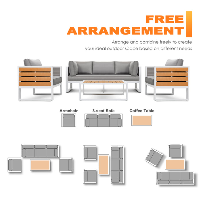 Outdoor Three-seat Sofa with Cushion and Pillows, Aluminum, Imitation Wood