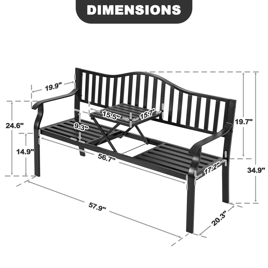 E-Coated Metal Frame Outdoor Bench with Backrest and a Built-In Small Table