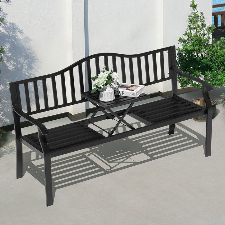 E-Coated Metal Frame Outdoor Bench with Backrest and a Built-In Small Table