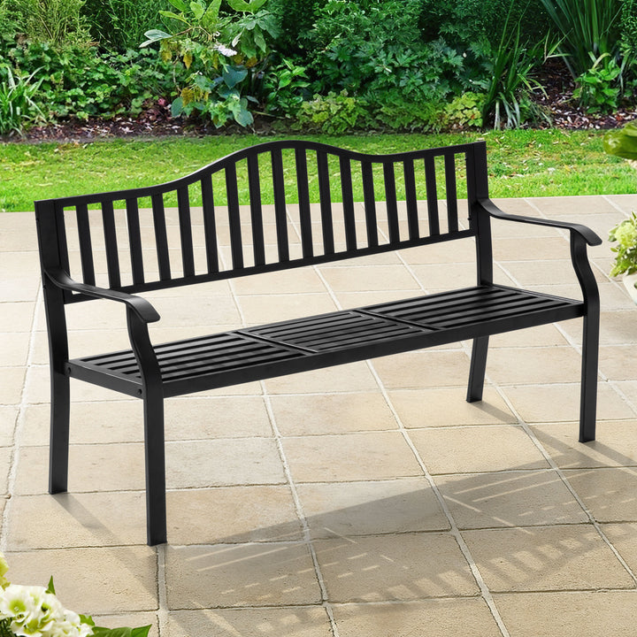 E-Coated Metal Frame Outdoor Bench with Backrest and a Built-In Small Table