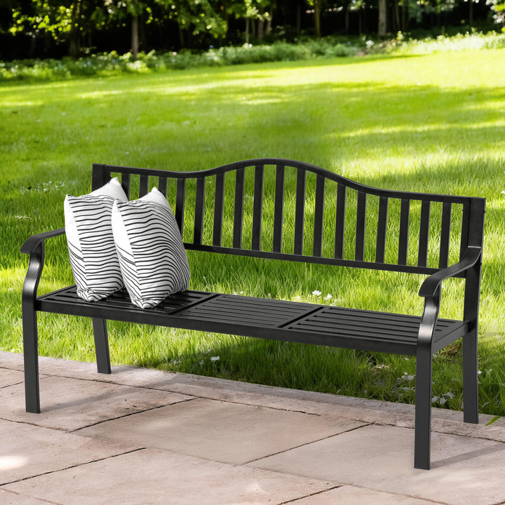E-Coated Metal Frame Outdoor Bench with Backrest and a Built-In Small Table