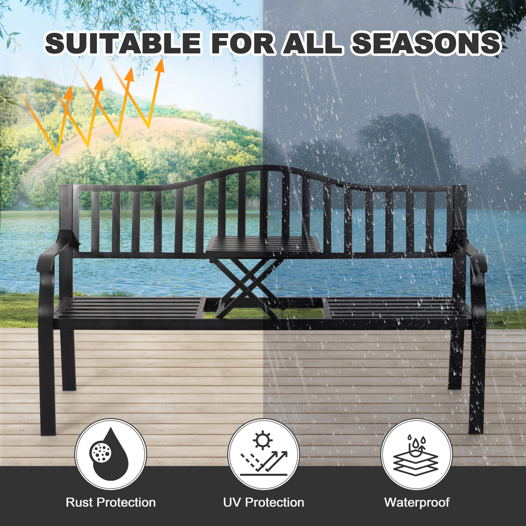 E-Coated Metal Frame Outdoor Bench with Backrest and a Built-In Small Table