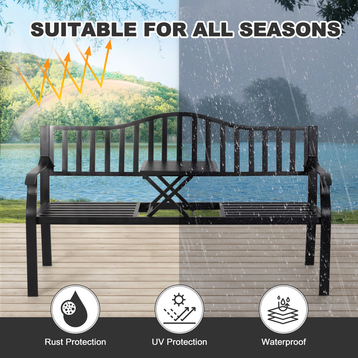 E-Coated Metal Frame Outdoor Bench with Backrest and a Built-In Small Table