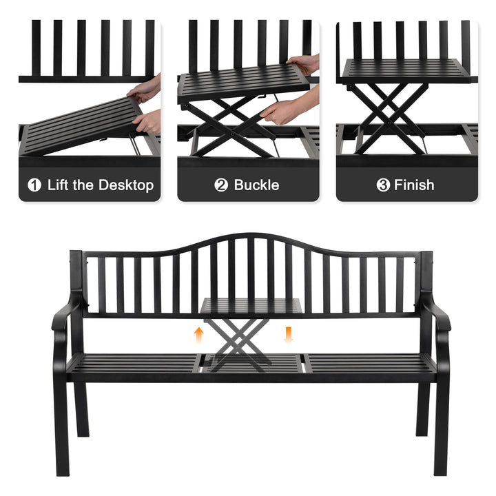 E-Coated Metal Frame Outdoor Bench with Backrest and a Built-In Small Table
